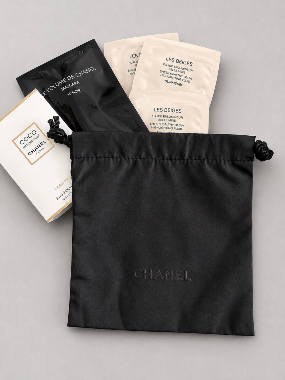 CHANEL Authentic Black Drawstring Pouch + Beauty Sample Bundle